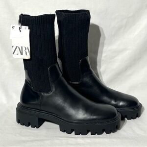 Zara Sock Ankle Boot Chunky Lug Pull-On Women's Punk Rock Edgy Grunge Goth